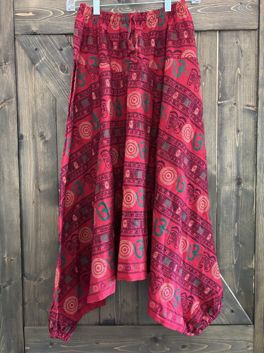 Handmade Nepal Harem Pants Red Om Print 100% Cotton Boho Yoga Festival OS
